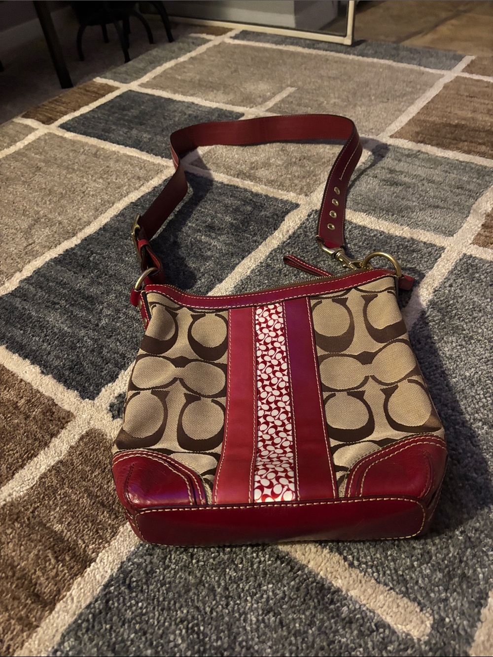 Coach Beige Signature Canvas Crossbody with Red Leather Trim